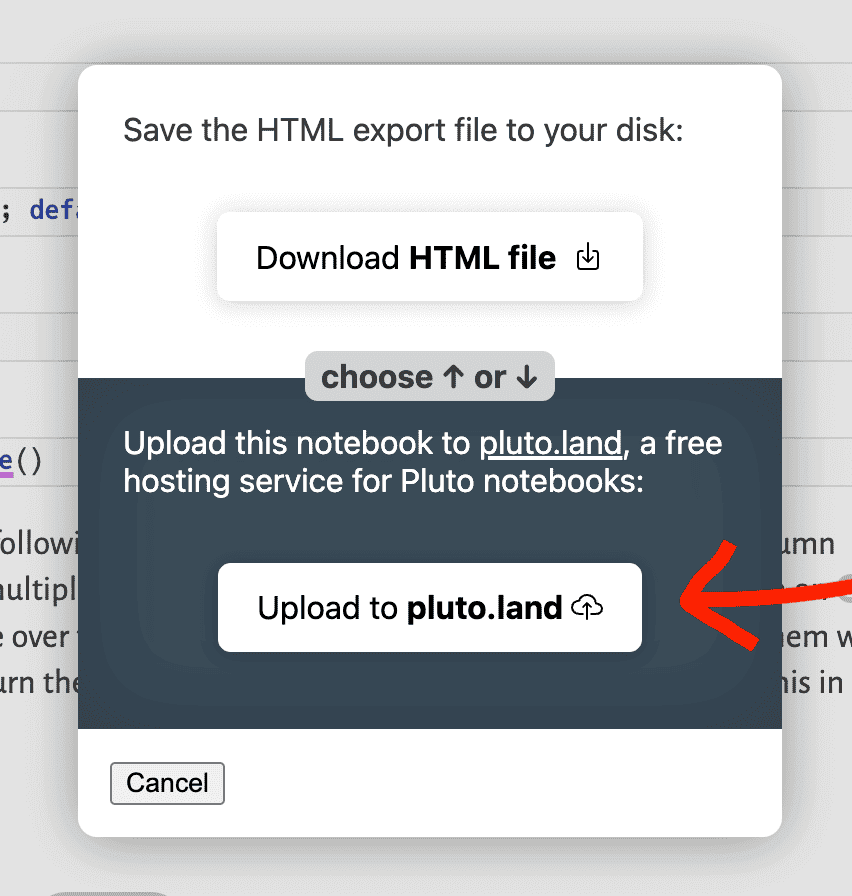screenshot of Pluto's HTML export menu